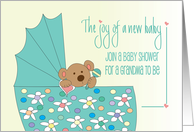 Invitation for Grandma to Be Baby Shower Bear in Floral Bassinette card