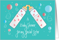 Baby Shower Invitation for Sister Toasting Baby Bottles & Balloons card