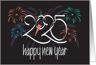 Hand Lettered Happy New Year 2025 Bursting Fireworks and Party Blower card