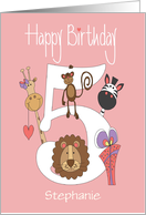 Hand Lettered Birthday Five Year Old with Animals and Custom Name card