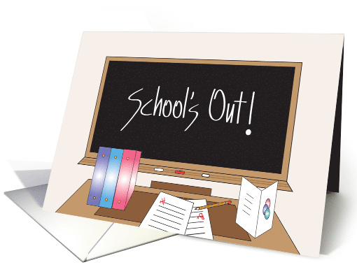School's Out, with Desk and Blackboard with Chalk Writing card