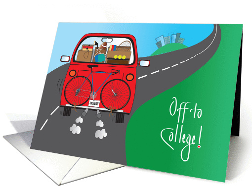 Off to College for Student, Red Car filled with Bike & Belongings card
