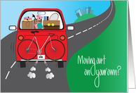 Moving out on Your Own, For Girl, Red Car & Girl Belongings card