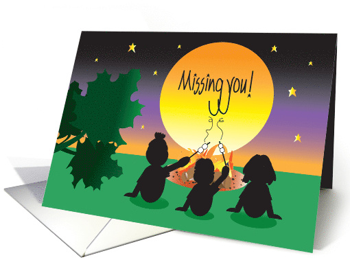 Missing You While at Camp, Trio of Campers, Campfire at Sunset card