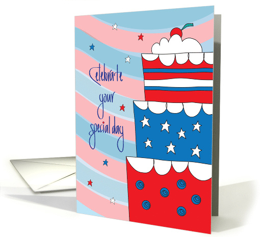 Military Birthday, Red, White and Blue Birthday Cake with Stars card