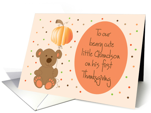 First Thanksgiving for Grandson, Bear with Pumpkin Balloon card