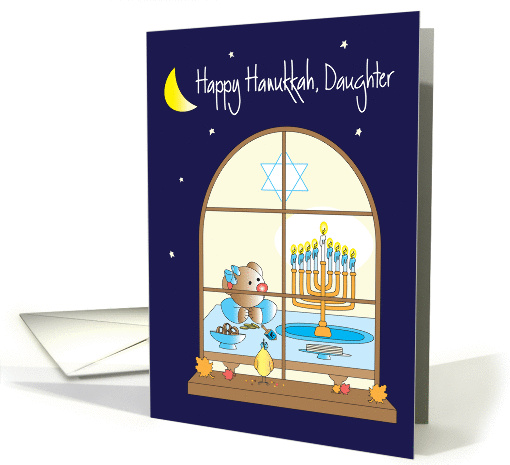 Hanukkah for Daughter, Bear with Bow Admiring Menorah card (1294922)