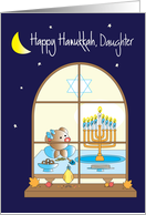 Hanukkah for Daughter, Bear with Bow Admiring Menorah card