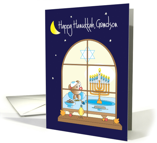 Hanukkah for Grandson, Bear Admiring Menorah Candles card (1294940)
