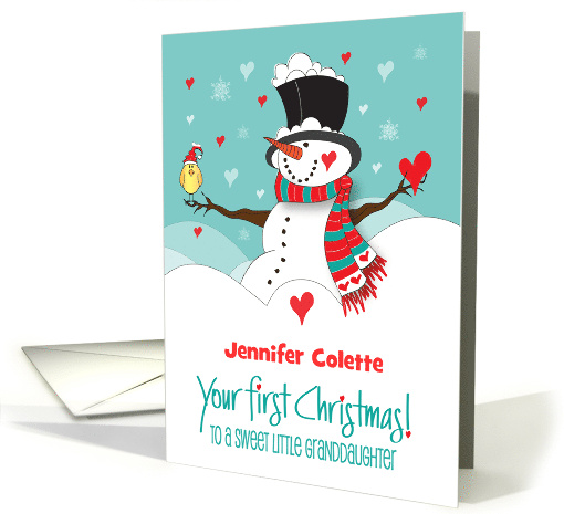 First Christmas Granddaughter Snowman with Bird and Custom Name card
