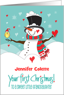First Christmas Granddaughter Snowman with Bird and Custom Name card