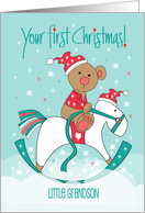 Hand Lettered First Christmas for Grandson Bear on Rocking Horse card