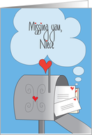 Missing You Niece, Red Heart Stamps on Letters in Mailbox card