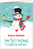 First Christmas Great Niece with Snowman and Bird with Custom Name card