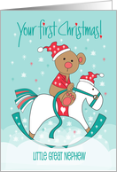 Hand Lettered First Christmas for Great Nephew Bear on Rocking Horse card