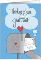 Thinking of You, Great Aunt with Mailbox, Hearts and Envelopes card