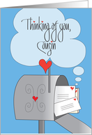 Thinking of You, for Cousin, Mailbox with Envelopes and Hearts card