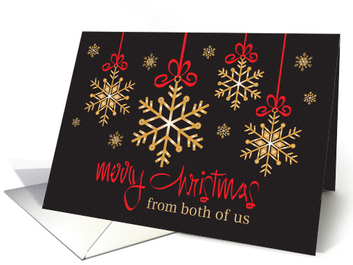 Christmas from Both of Us, Golden Snowflakes on Red Ribbon Bows card