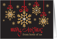 Christmas from Both of Us, Golden Snowflakes on Red Ribbon Bows card