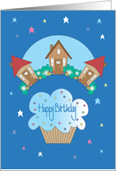 Birthday to Male Neighbor, Neighborhood on Blue with Cupcake card