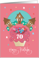 70th Birthday for Neighbor, Pink Cupcake & Trio of Hillside Cottages card