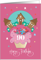 90th Birthday for Neighbor, Floral Cupcake with Trio of Cottages card