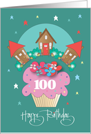 100th Birthday for Neighbor, Cupcake with Trio of Cottages & Stars card