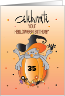 Birthday on Halloween Mouse on Pumpkin in Witch Hat with Custom Age card
