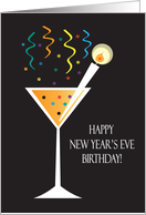 New Year’s Eve Birthday, Long Stem Glass with Candle Drink Pick card