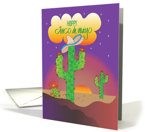 Happy Cinco de Mayo Desert with Sombrero Wearing Saguaro Cactus card