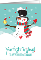 First Christmas for Grandson Snowman with Bird and Lots of Hearts card