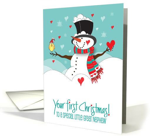 First Christmas for Great Nephew Snowman with Bird and Hearts card