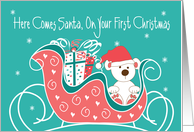 First Christmas for Boy, White Polar Bear in Santa’s Red Sleigh card