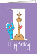 First Birthday for One Year Old, Giraffe with Blue Polka Dot Gift card