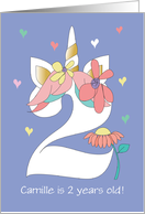 Second Birthday for Girl Unicorn Floral Number Two with Custom Name card