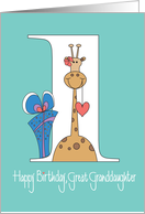 1st Birthday for Great Granddaughter, Giraffe with Heart & Gift card