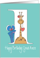 1st Birthday for Great Niece, Giraffe with Heart & Gift card