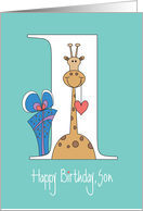 1st Birthday for Son, Giraffe with Heart & Polka Dot Gift card