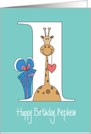 1st Birthday for Nephew, Giraffe with Heart & Polka Dot Gift card