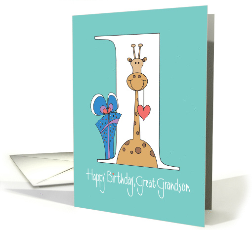 1st Birthday for Great Grandson, Giraffe with Heart & Gift card