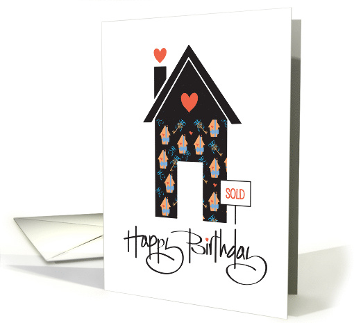 Hand Lettered Birthday from Realtor Patterned Home with Hearts card