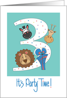 Invitation to 3rd Birthday Party with Giraffe Zebra and Lion with Gift card