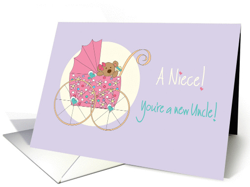 Becoming an Uncle for new baby Niece, Bear in Pink Stroller card