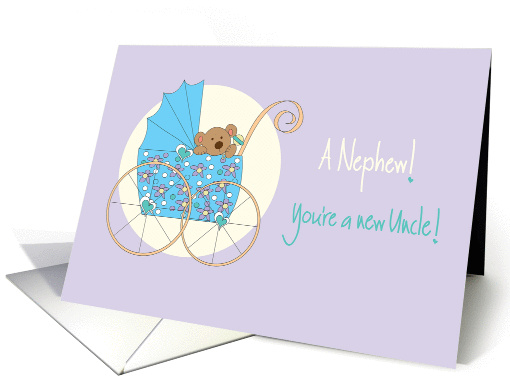 Becoming an Uncle to new baby Nephew, Bear in Blue Stroller card
