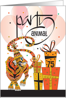 Hand Lettered 75th Birthday for Party Animal with Tiger in Party Hat card