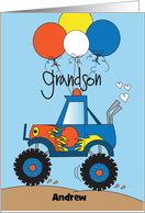 Grandson Birthday Custom Name with Monster Truck and Balloons card