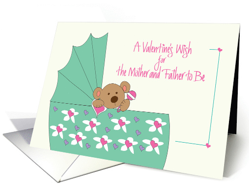 Valentine for Expecting Parents, Bear in Bassinet with Hearts card