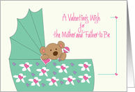 Valentine for Expecting Parents, Bear in Bassinet with Hearts card