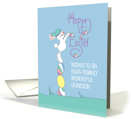 Hand Lettered Easter for Grandson White Bunny Hunting for Eggs card