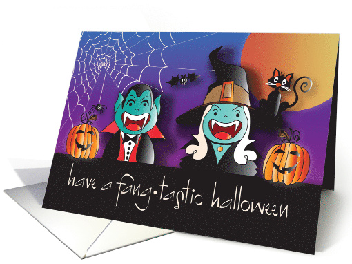 Hand Lettered Fang-tastic Halloween with Fanged Dracula & Witch card